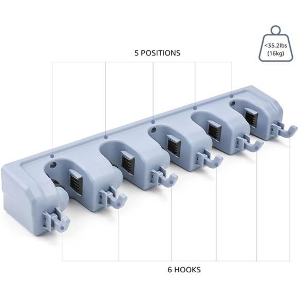 Rectangular Wall Mount Broom Holder and Garden Tool Organizer, 6 Hook and 5 slot - Picture 3 of 7